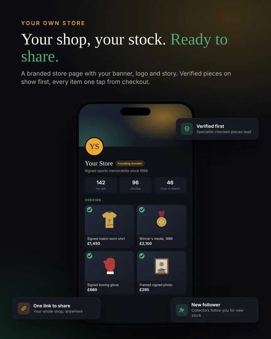A dealer shop page with a banner, counts and verified items